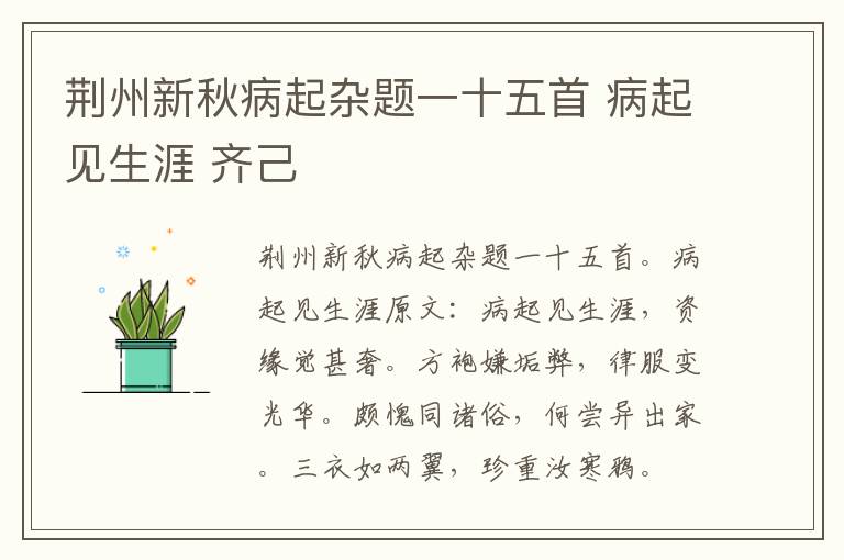荆州新秋病起杂题一十五首 病起见生涯 齐己