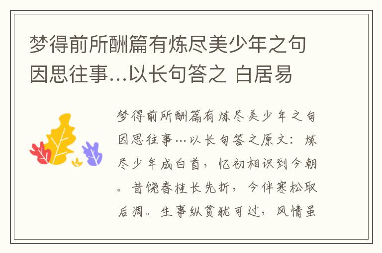 梦得前所酬篇有炼尽美少年之句因思往事…以长句答之 白居易