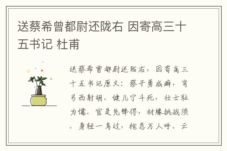 送蔡希曾都尉还陇右 因寄高三十五书记 杜甫