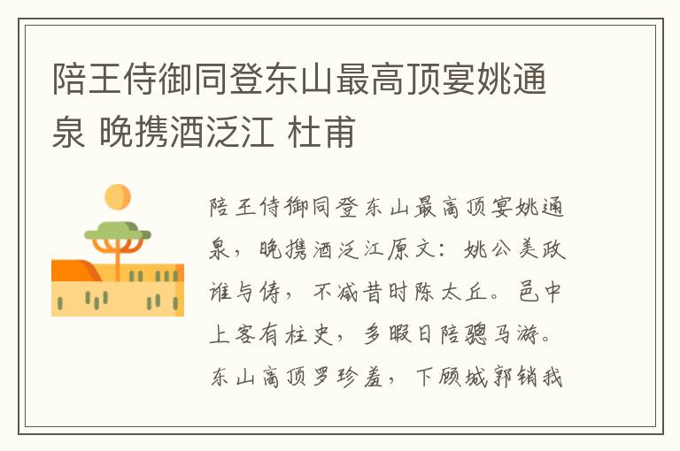 陪王侍御同登东山最高顶宴姚通泉 晚携酒泛江 杜甫