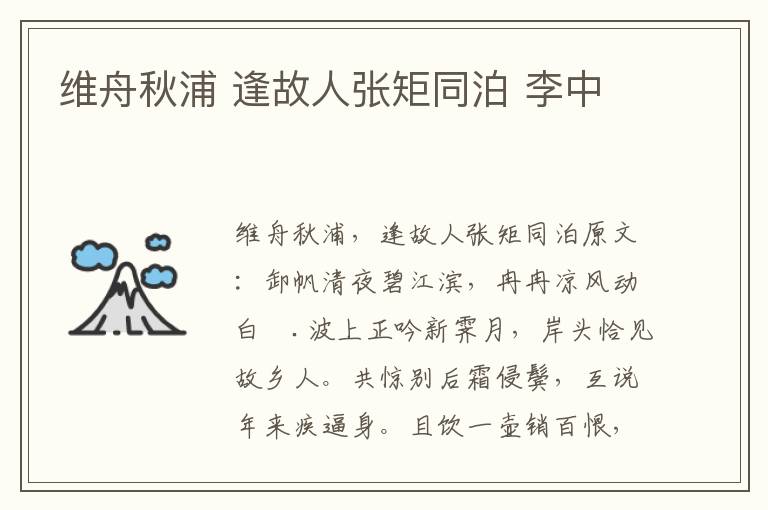 维舟秋浦 逢故人张矩同泊 李中
