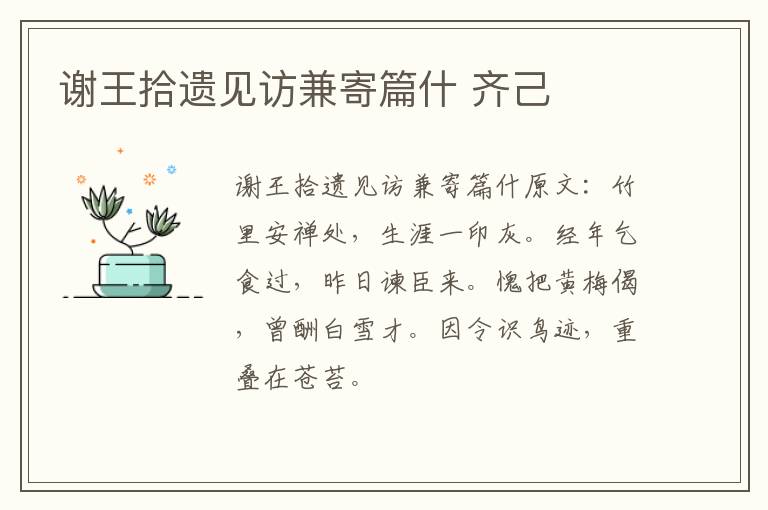 谢王拾遗见访兼寄篇什 齐己
