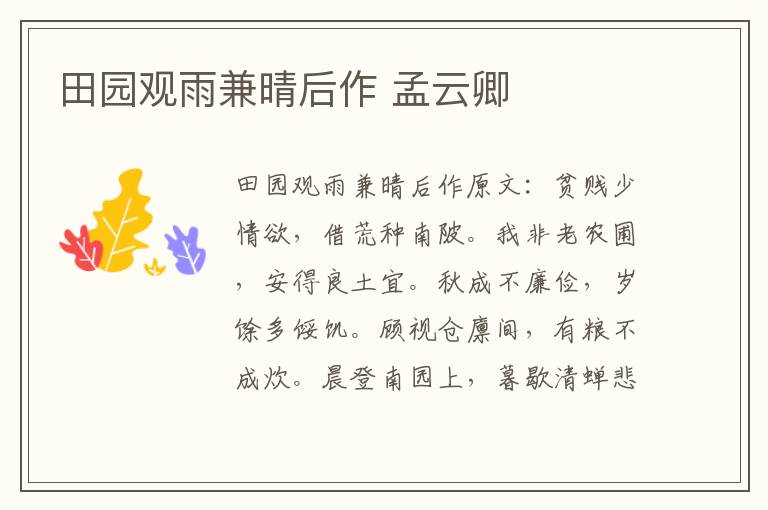 田园观雨兼晴后作 孟云卿