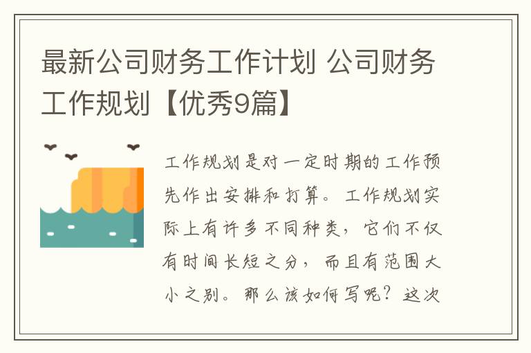 最新公司财务工作计划 公司财务工
