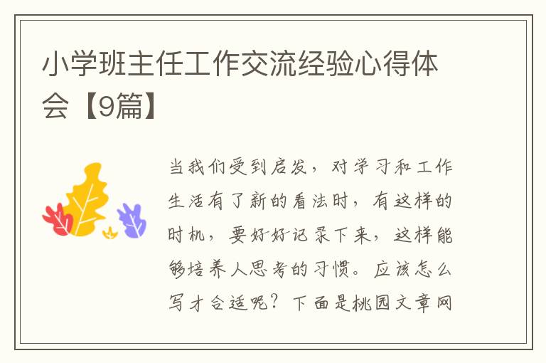 小学班主任工作交流经验心得体会【