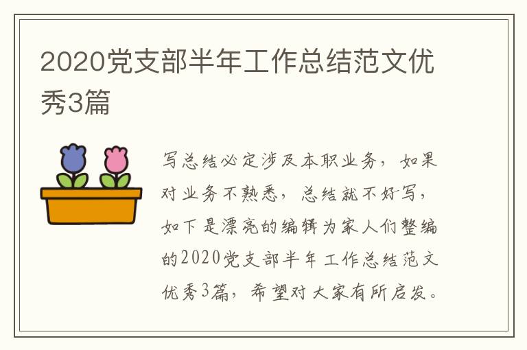 2020党支部半年工作总结范文优秀3